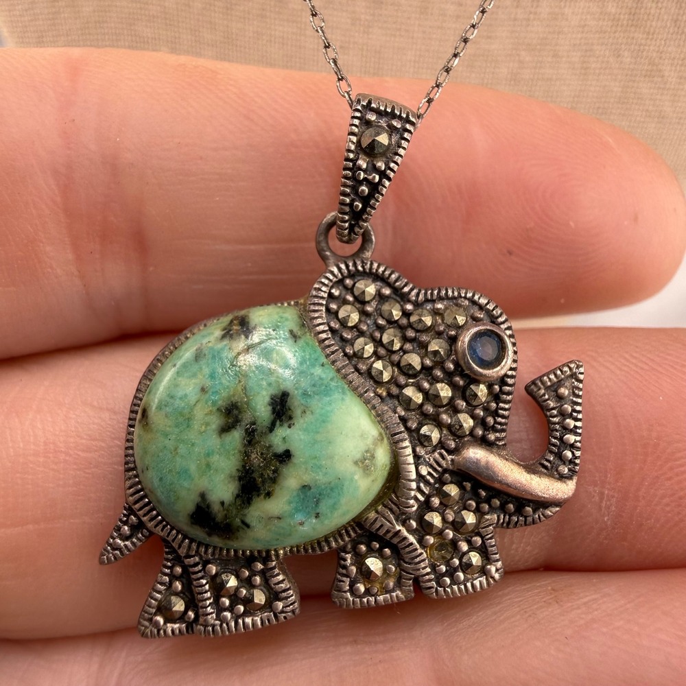 Vintage Sterling Silver Elephant Necklace Green Turquoise Marcasite 18"